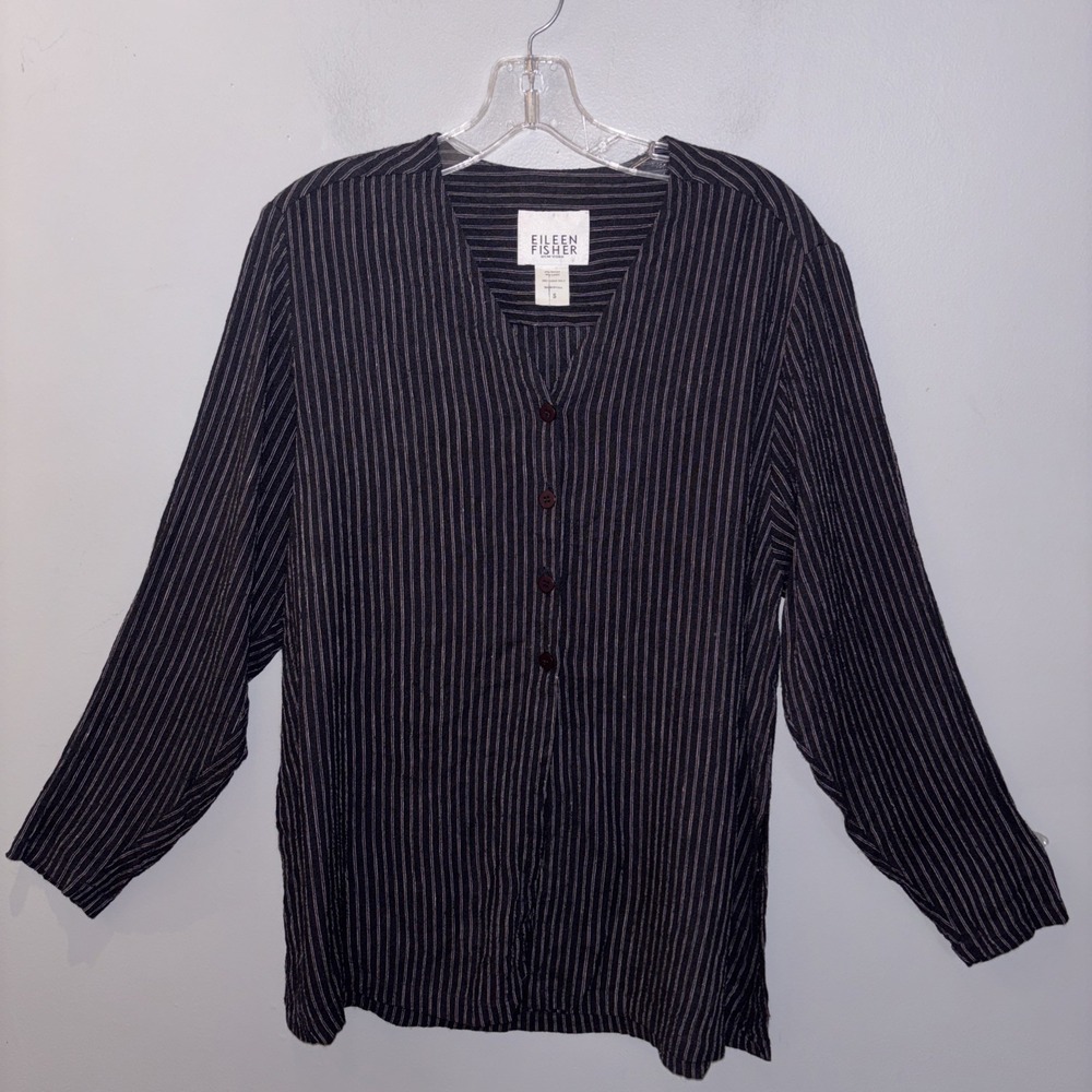 Eileen Fisher Black White Pinstripe Tunic Blouse Linen Blend Women's Small